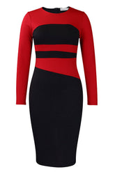 Schwarz-königsblaues, langärmliges, figurbetontes Kleid